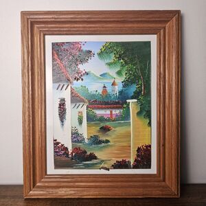 Vintage Original Textured Ceramic Tile Painting Mexican Village Landscape